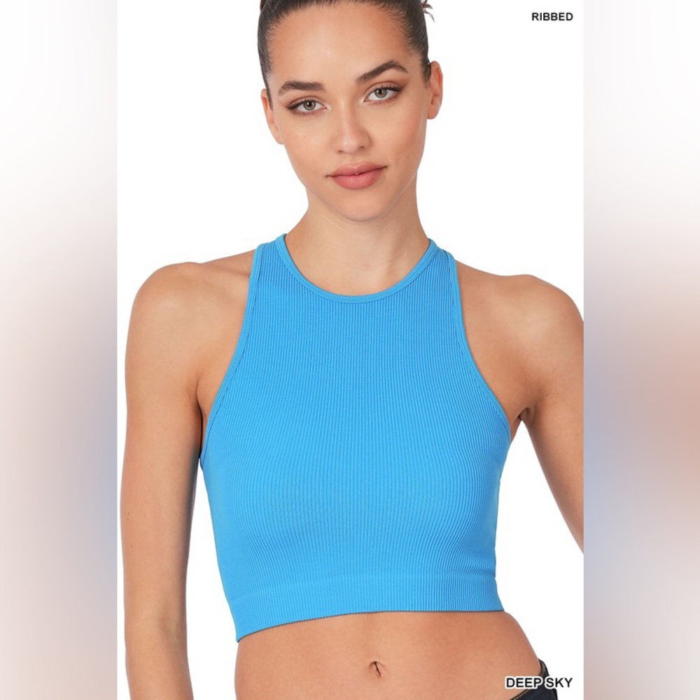 Deep Sky Ribbed seamless high neck cropped tank top